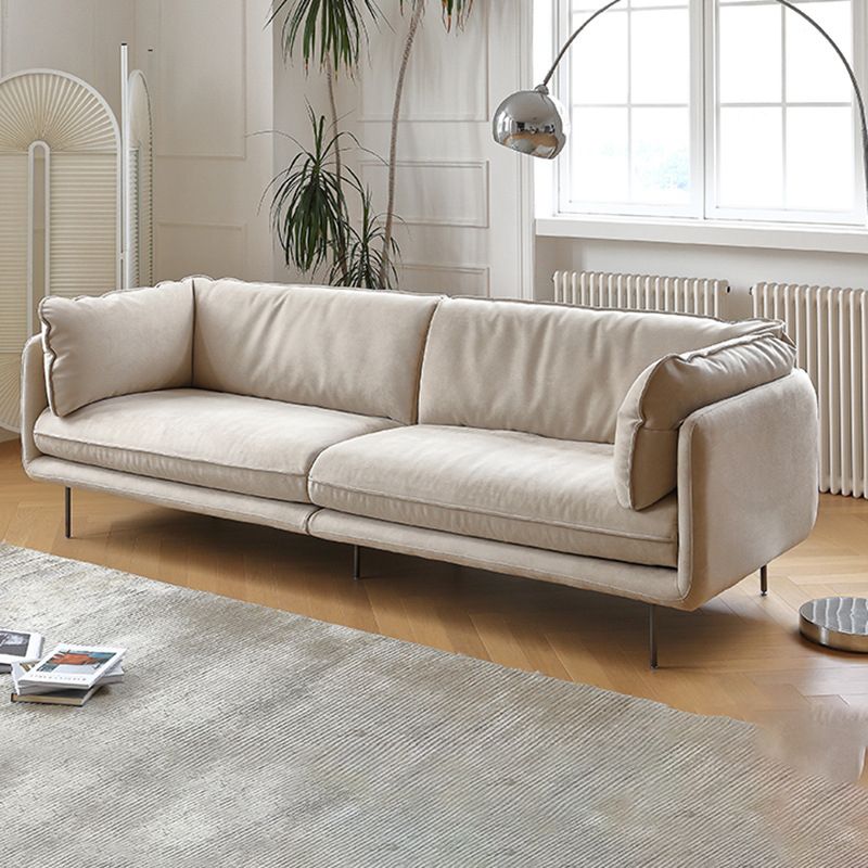 Modern Cream Faux Leather Sofa Pillow Top Arm Sewn Pillow Back Sofa