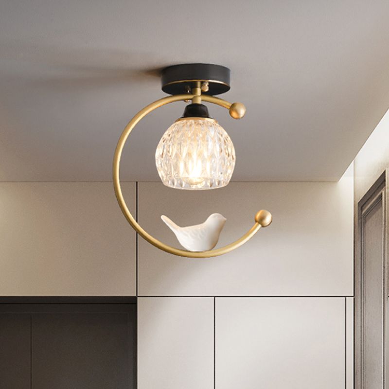 Domina de vidrio con textura Semi Flush Mount Farm 1 Cabeza de comedor Lámpara de techo con latón C Brazo y decoración de pájaros