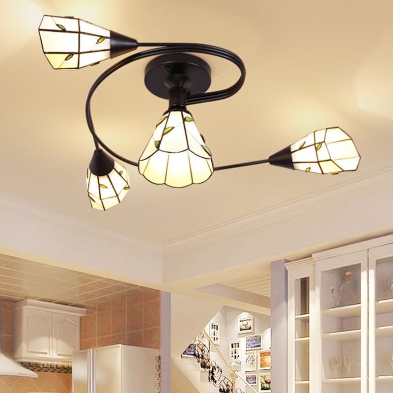 Tiffany Flower Semi Flush Light Stained Glass Ceiling Mounted Light for Living Room