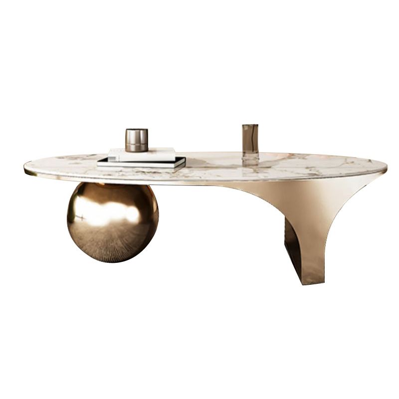 Oval Stone Top Coffee Table with Steel Base 51.18" Long 27.56" Wide