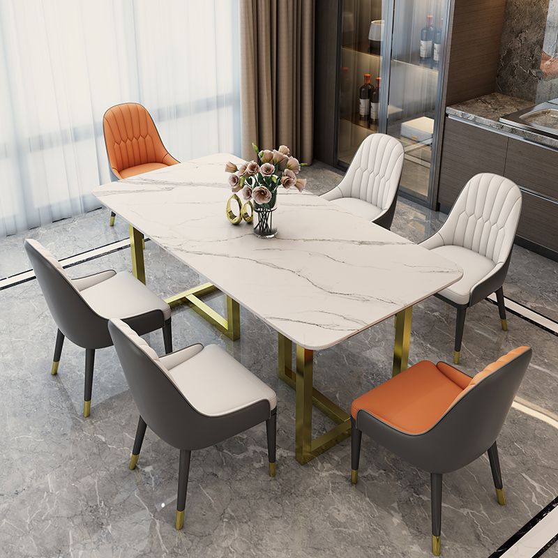 Rectangle Traditional Luxury Dining Table White Sintered Stone Table with Gold Double Pedestal