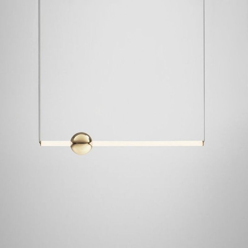 Minimalist Linear Pendant Lighting, White Glass Hanging Light with Gold Ball