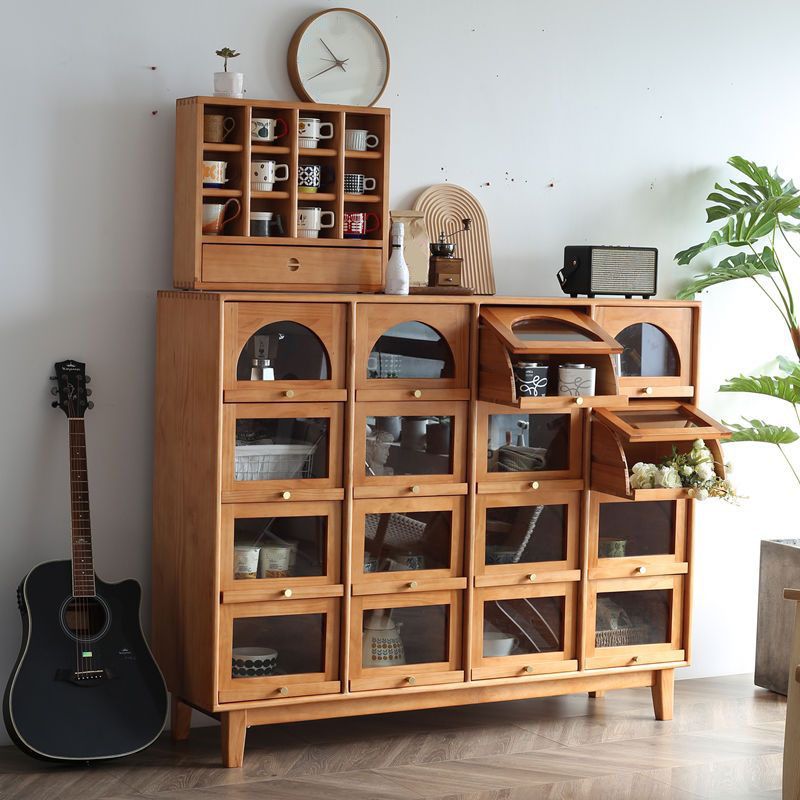 Modern Pine Sideboard Glass Doors Sideboard Cabinet for Dining Room