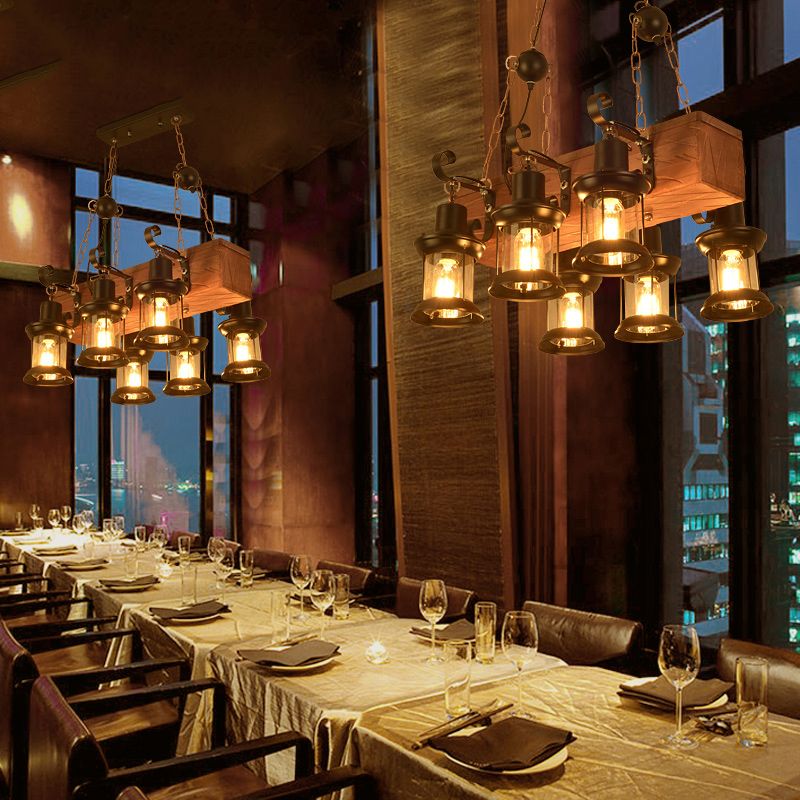 6-Lights Industrial Styl Island Pendants Wood Pendant Lights for Restaurant