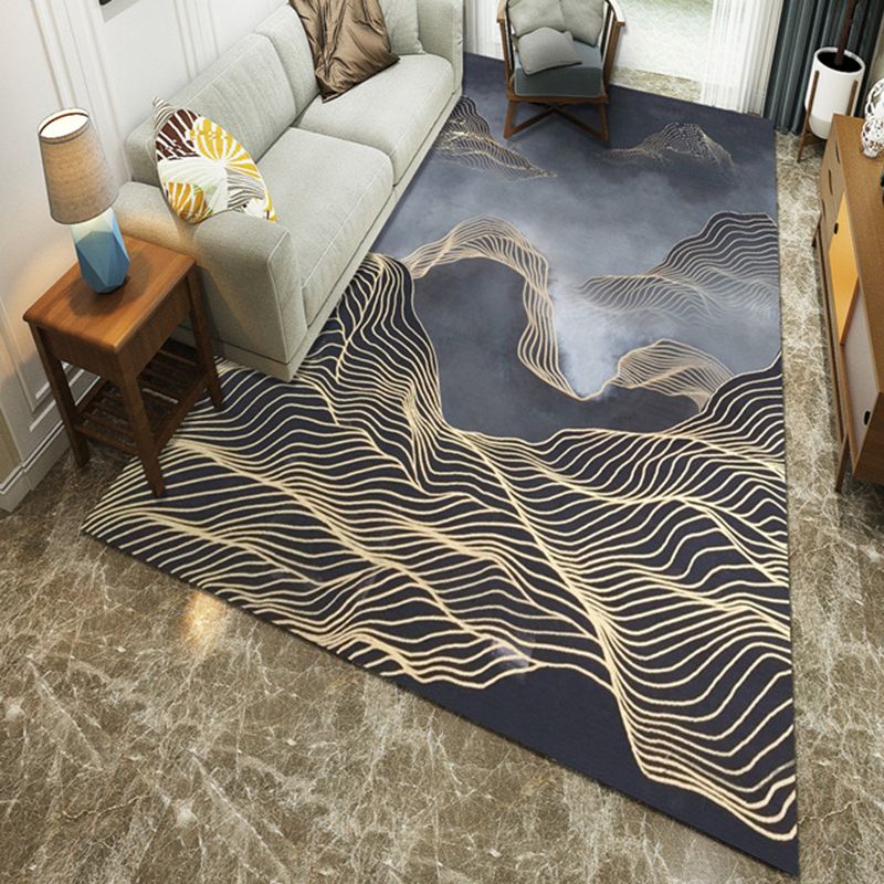 Ink Painting Modern Style Polyester Area Rug with Curved Line Rug Dark Color for Room