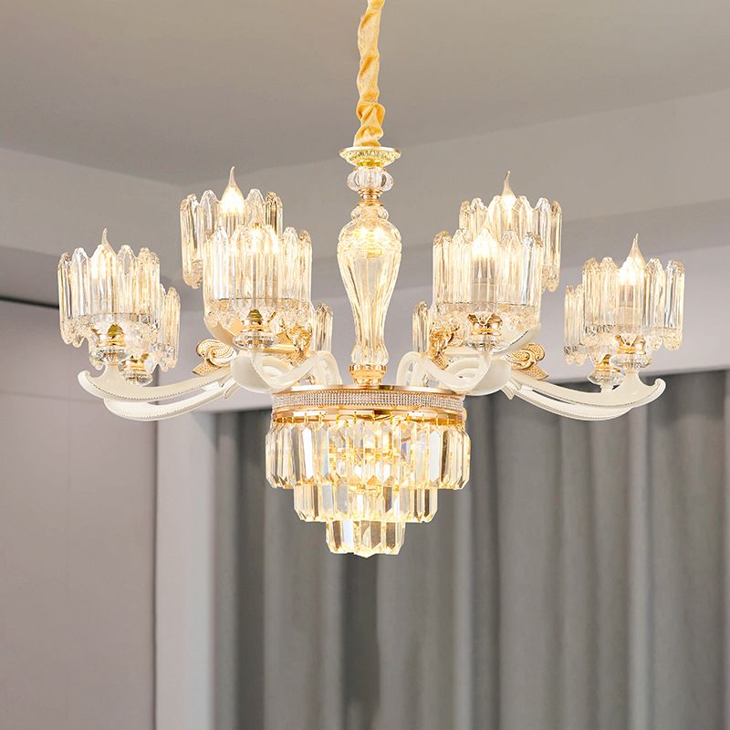 Cylindrical Shaped Living Room Chandelier Light Retro Clear Glass Gold Pendant Light with Layered Crystal Decor