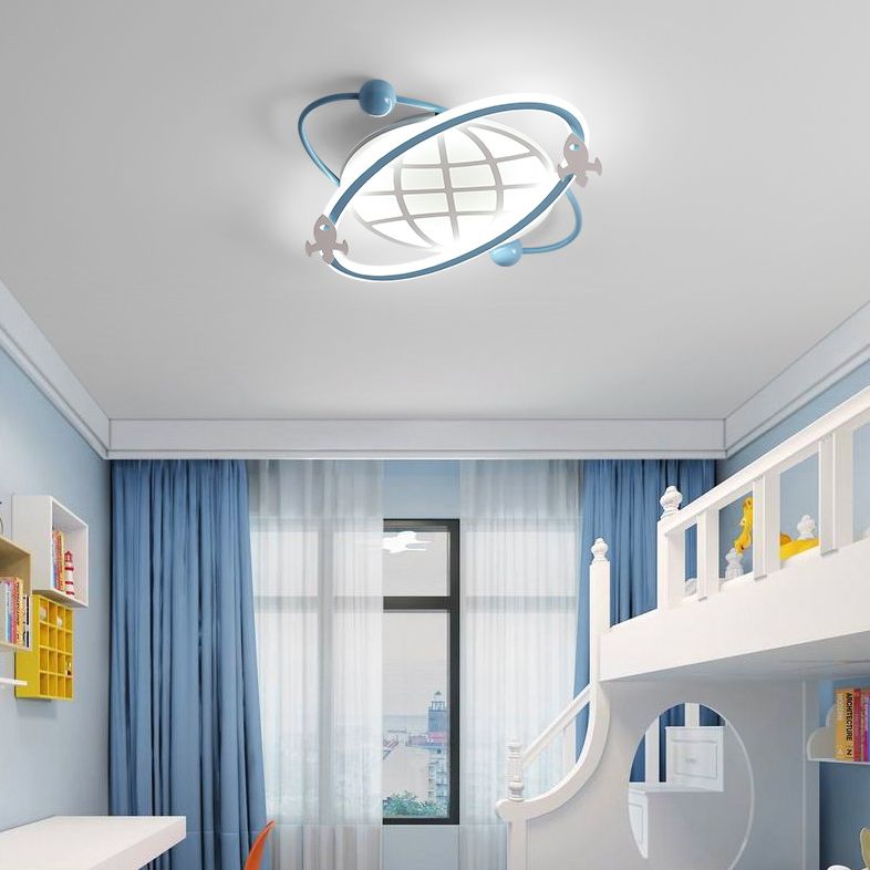 Childrens Orbit Flush Mount Ceiling Light Metal Bedroom LED Flush Light with Rocket Detail