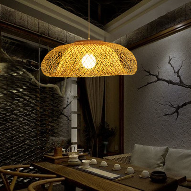 16.5"/20.5"/24.5" W Bamboo Bowl Ceiling Pendant Light Modern Style 1 Light Hanging Lamp in Beige for Restaurant