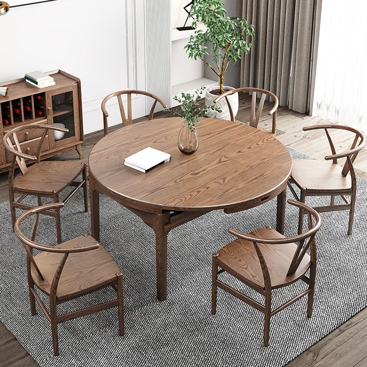 Extendable Ash Wood Dining Table for Restaurant Modern Brown Round Table with 4 Legs