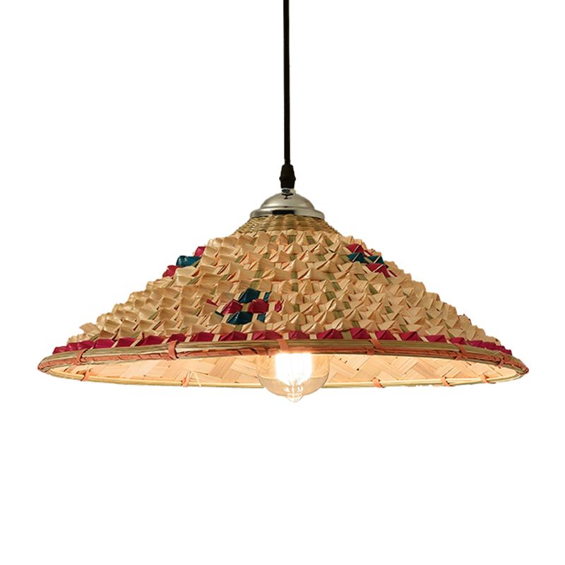 Straw Hat Suspension Lighting Asian Bamboo 1 Bulb Beige Ceiling Pendant for Restaurant