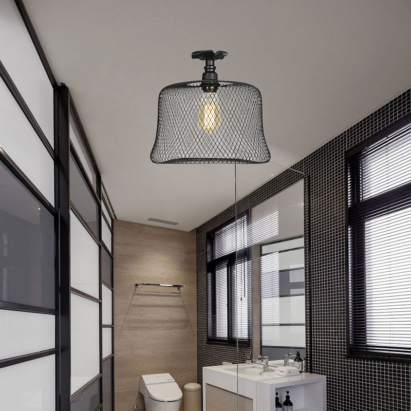1 Bulb Saucer/Barrel Semi Flush Light Industrial Stylish Black Finish Metal Ceiling Mounted Light with Mesh Screen