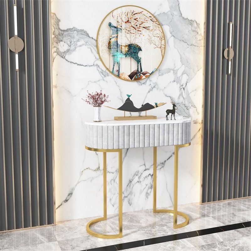 Glam Oval Console Accent Table Antique Finish Sofa Console Table in Marble