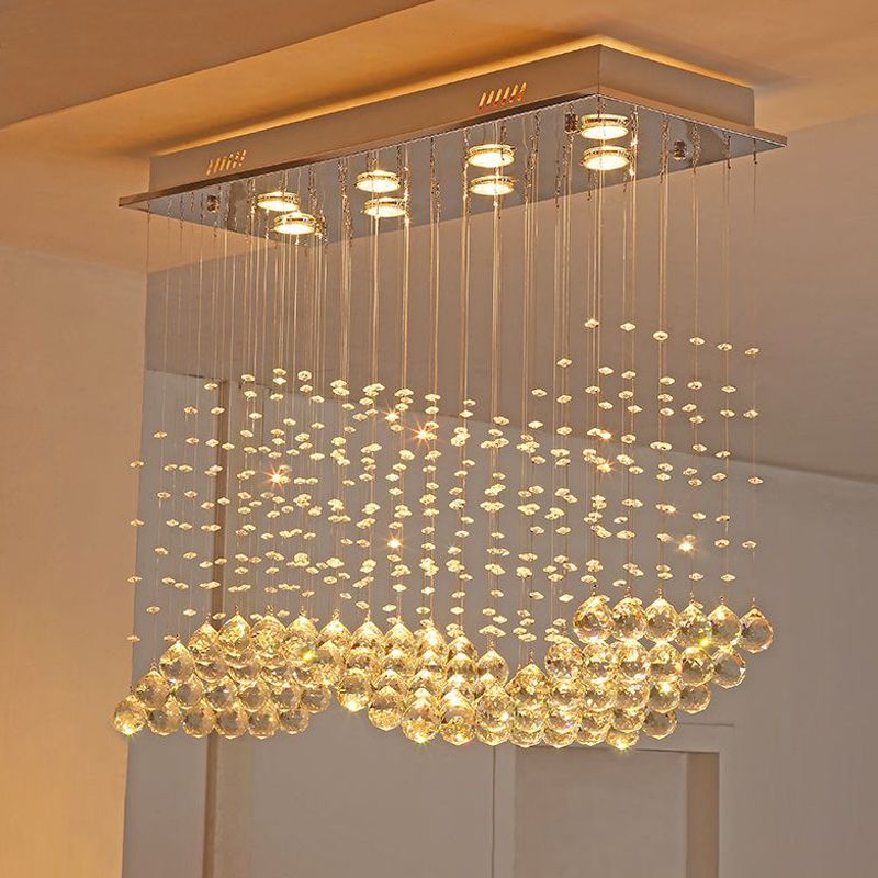 8-Light Wavy Ceiling Mounted Fixture Modern Stainless Steel Clear Crystal Orb Flush Mount Light