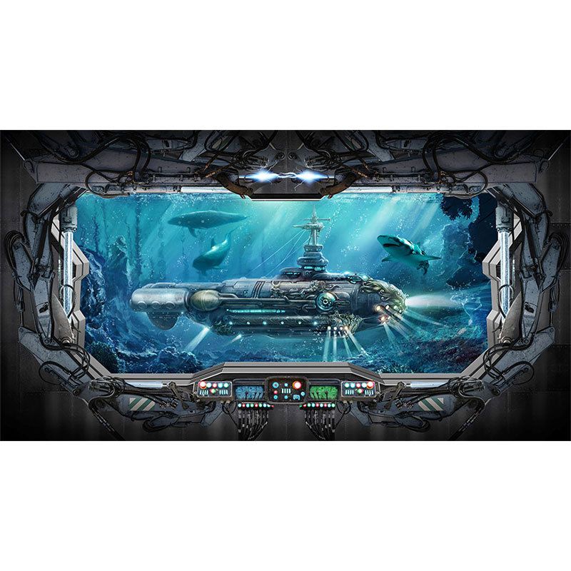 Undersea Mural Wallpaper in Dark Blue, Modern Wall Covering for Theme Restaurant