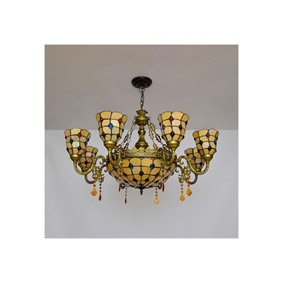 8 Arms Bell Suspension Light Rustic Stained Glass Chandelier Light with Center Bowl in Yellow for Villa