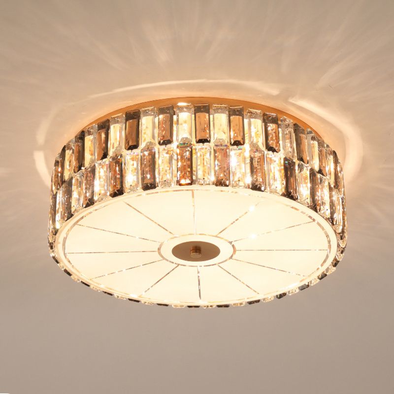 9 - Bulb K9 Crystal Flush Light Simple Gold Drum Bedroom Flush Montaggio Lampada in Gold with Glass Diffuser
