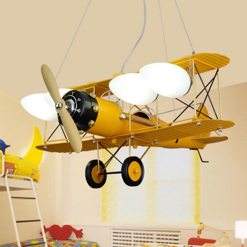 Kids Style Plane Chandelier Lamp Metallic Nursery LED Hanging Light with Opal Glass Shade
