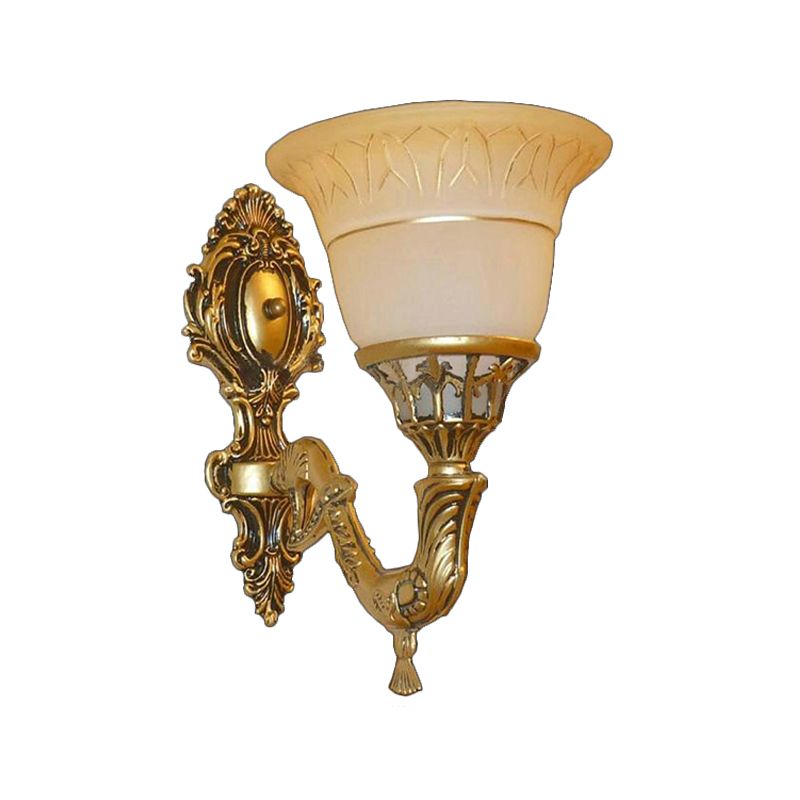 Traditional Bell Wall Mounted Light 1 Head Frosted Glass Sconce Lighting with Carved Arm in Brass