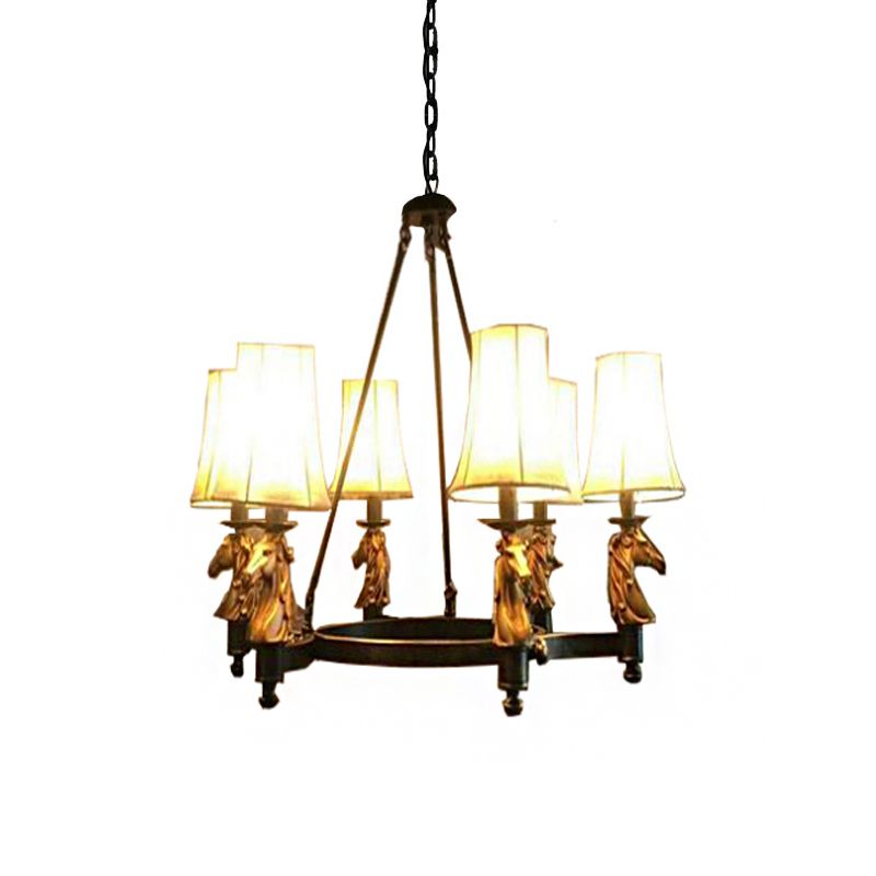 6/8 Lights Hanging Lamp Country Tapered Fabric Chandelier Lighting Fixture in White for Dining Room with Horse Head Deco