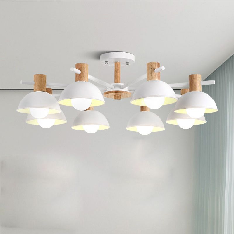 Metallic Bowl Shade Ceiling Light Macaron Style 8-Light Wood Lighting Fixture for Bedroom