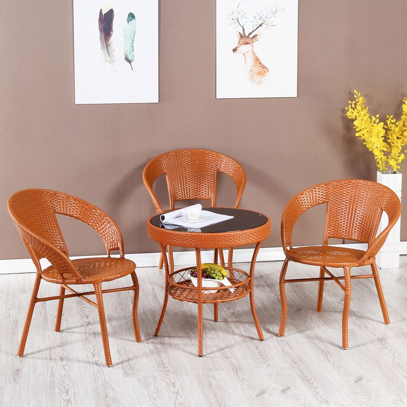 Rattan Dining Table Set Glass Top Round Shape Table for Courtyard