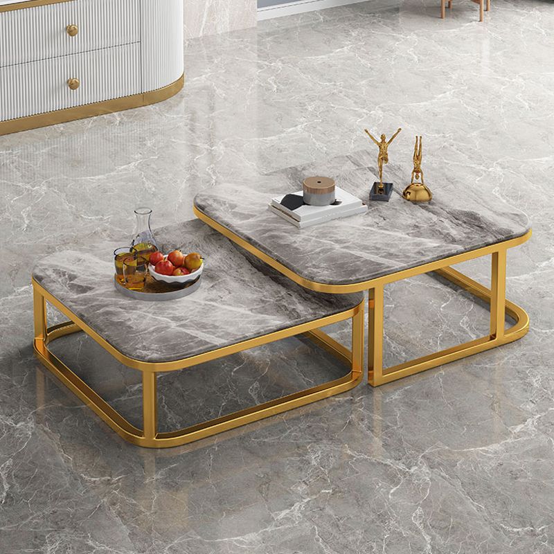 2 Pieces Stone Coffee Table Square Frame Cocktail Table Set with Storage