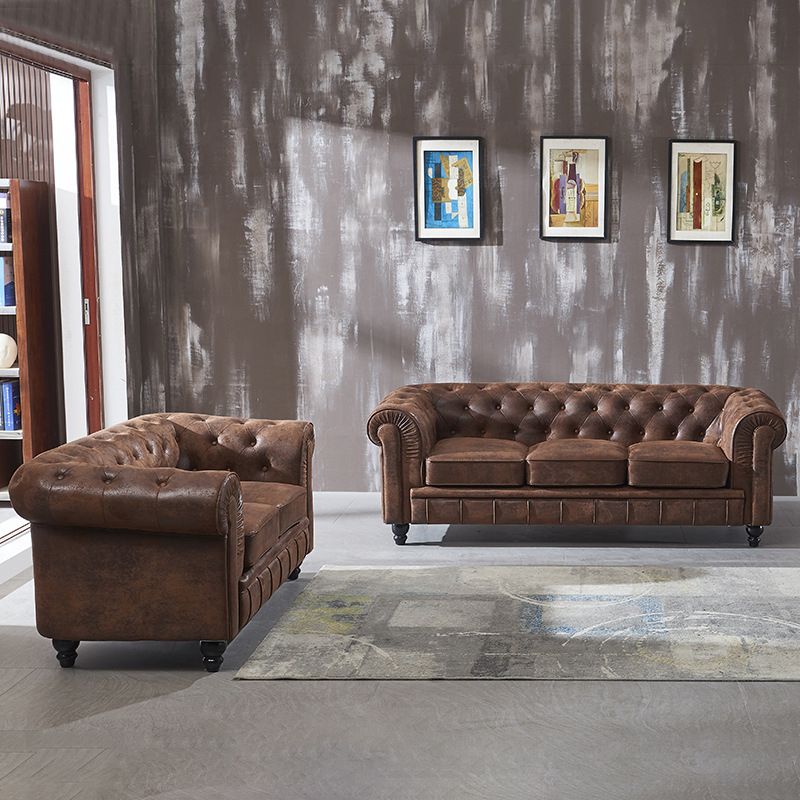 Chesterfield Dark Brown Sofa Apartment Tuxedo Arm Loveseat Genuine Leather Sofa