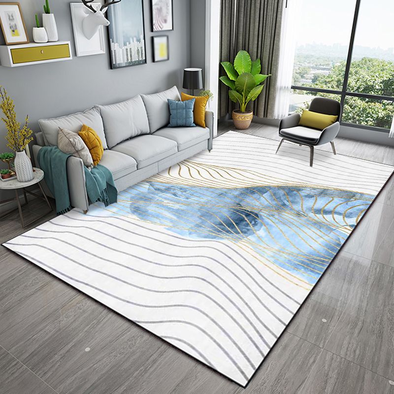 Blue Decoration Rug Modernism Swirl Striped Pattern Rug Polypropylene Machine Washable Non-Slip Backing Carpet