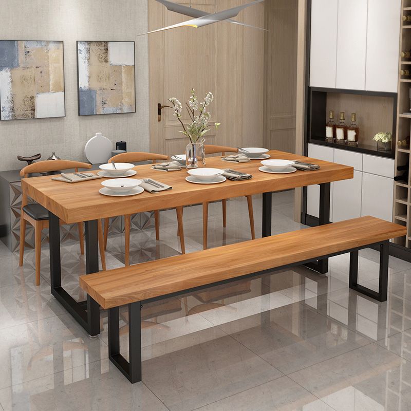 Solid Wood Top Table with Metal Base Industrial Rectangle Dining Table