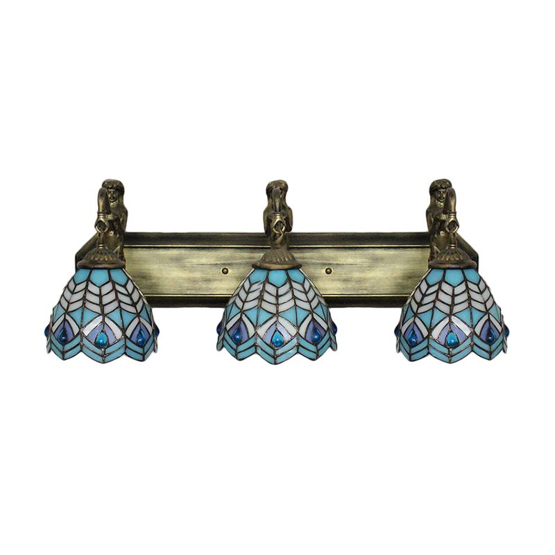 Peacock Tail Sconce Lighting Tiffany Stained Glass 3 Head Blue Wall Mounted Lighting, 6"/8" Wide