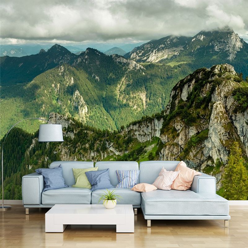 Aerial View of Mountain Mural Wallpaper Green Modern Style Wall Covering for Living Room