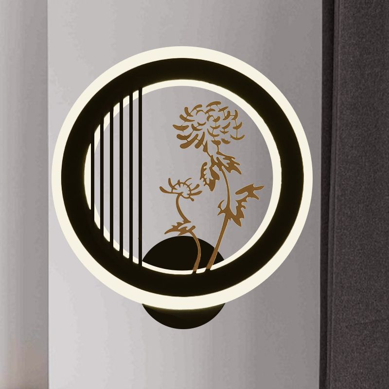 Chrysanths/Orchid Flower LED Mural Light Chinese Acrylic Living Room Hoop Wall Lighting Fixture in Black