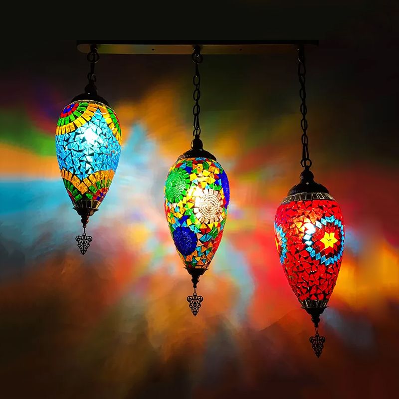 Stained Glass Waterdrop Cluster Pendant Traditional 3 Heads Bedroom Hanging Ceiling Light in Blue/Green/Red and Blue