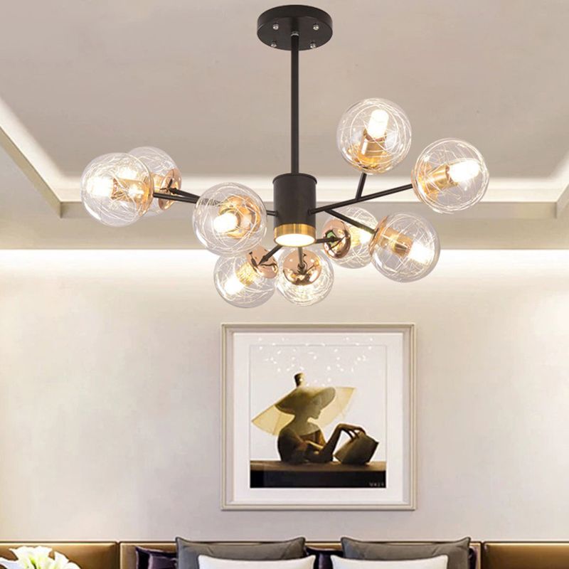 Clear Aluminum Wire Glass Ball Chandelier Light Modern Lighting Ceiling Pendant Light in Black