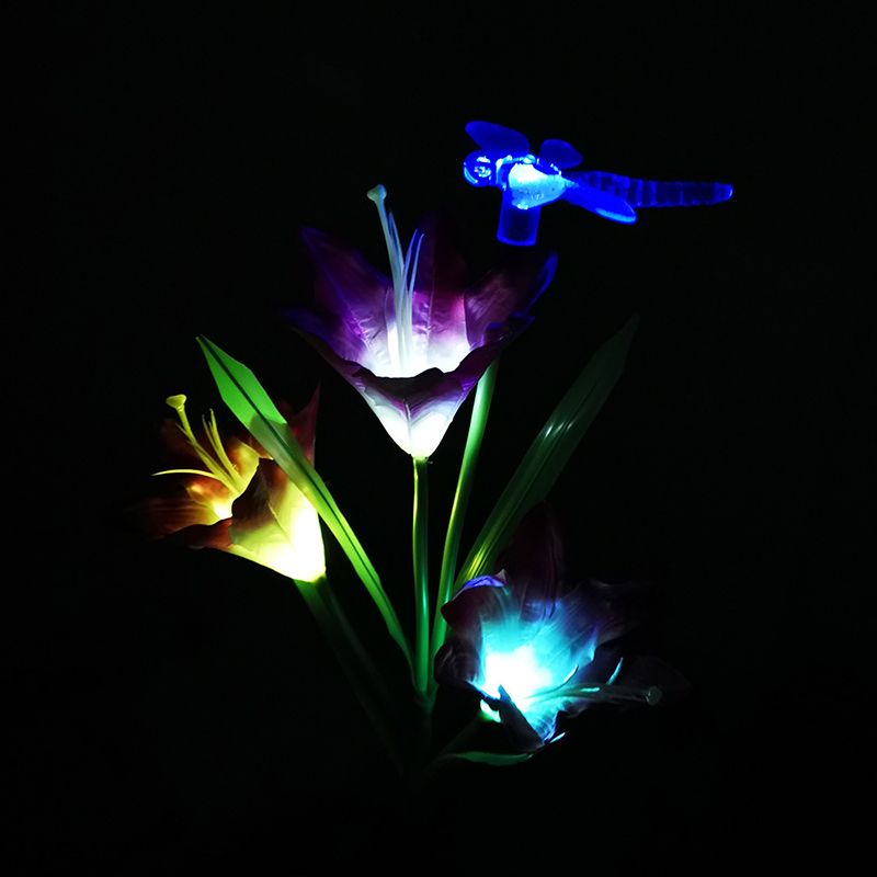 Lily Shaped Garden LED Lawn Light Plastic 3 Heads Artistic Solar Ground Lighting, 3 Pcs