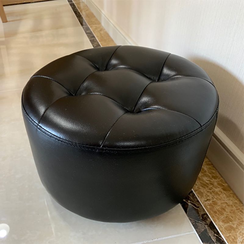 Mid-Century Modern Pouf Ottoman Genuine Leather Upholstered Tufted Cylinder Shape Ottoman