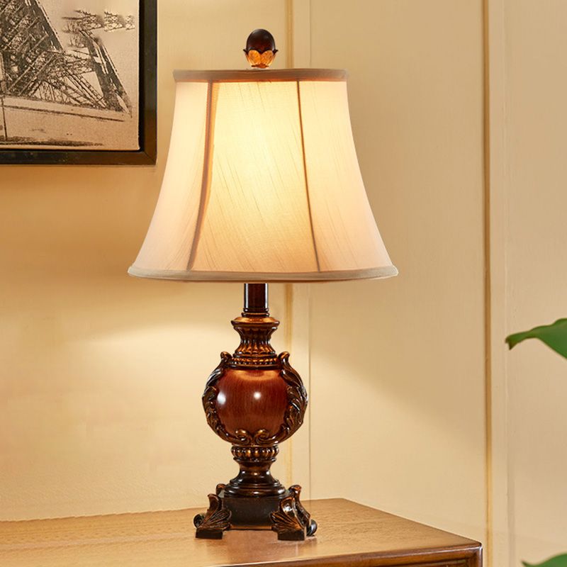 Empire Shaped Guest Room Desk Light Traditional Style Fabric 1 Bulb Brown Table Light with Urn Base