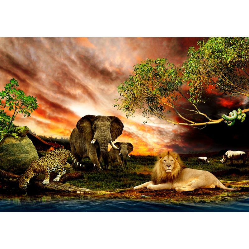 Tropics Riverside Savanna Animals Mural Brown Sunset Glow Wall Art for Living Room