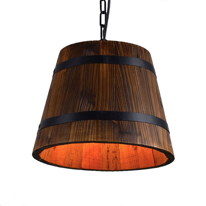 Wood Bucket Hanging Light Single Head Retro Suspension Lamp in Brown for Restaurant