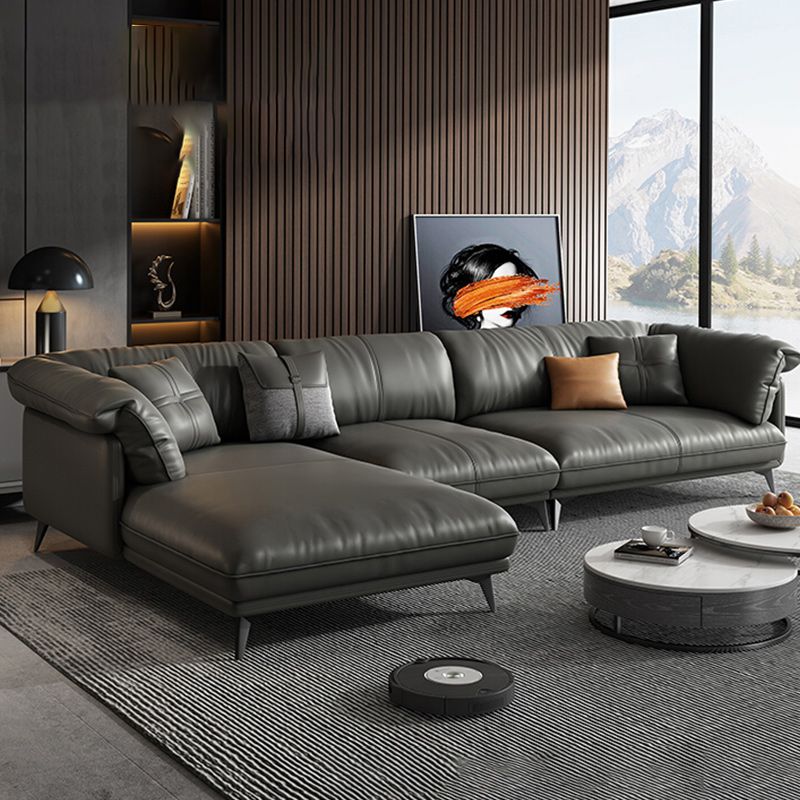 Genuine Leather Sectional Sofa Black Sofa with Removable Cushions