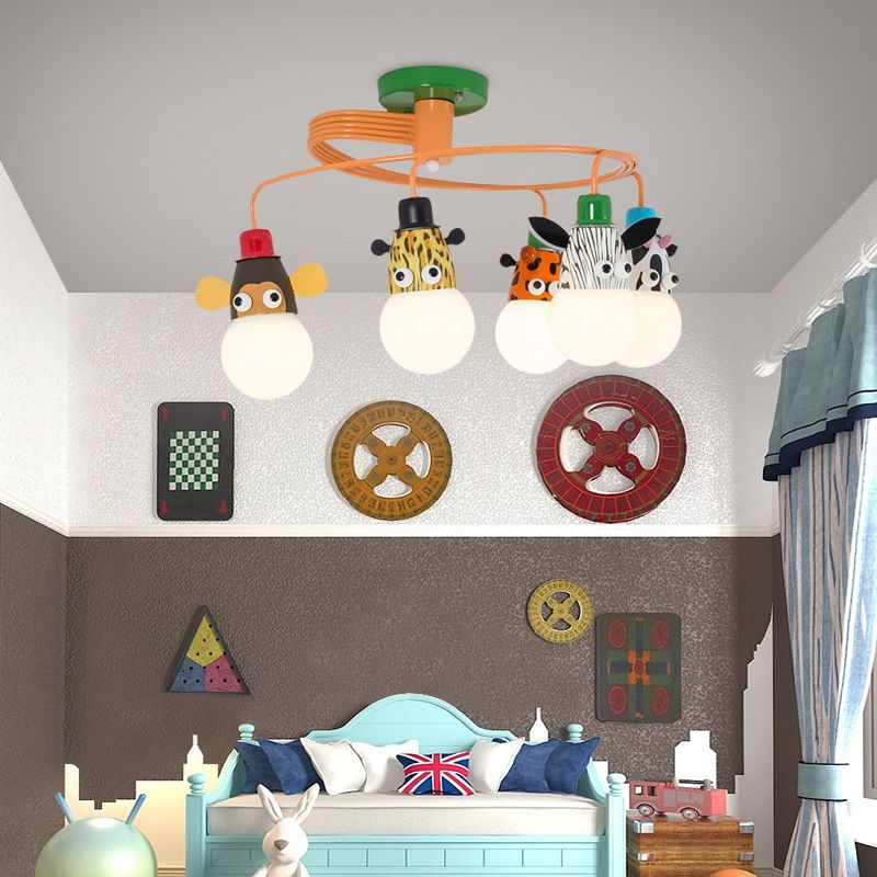 Animal Socket Metallic Semi Flush Mount Kids Orange Ceiling Mounted Light for Kindergarten