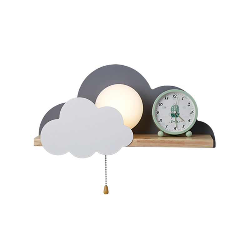 Globule Pull-Chain Wall Light Macaron Opal Frosted Glass Single Pink/Grey/White Sconce Ideas with Cloud Design and Wood Shelf