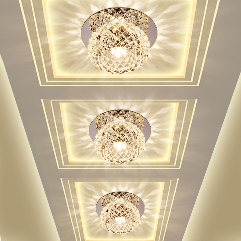 Spherical Foyer Flush Mount Light Faceted Crystal LED Simple Flushmount Lighting in Chrome