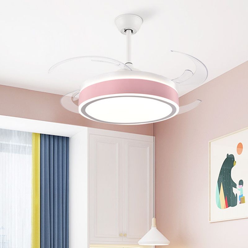Metal Round Hanging Fan Light Simple Modern 4 Blades LED Semi Flush Mounted Lamp in Grey/Pink/Blue for Dining Room, 47" Wide
