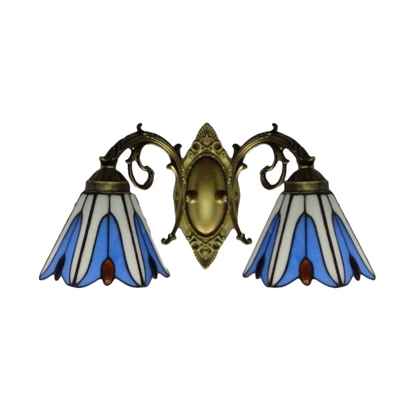 Floral Lighting Sconce Tiffany Style Stained Glass 2-Light Wall Light Fixtures in Blue for Corridor