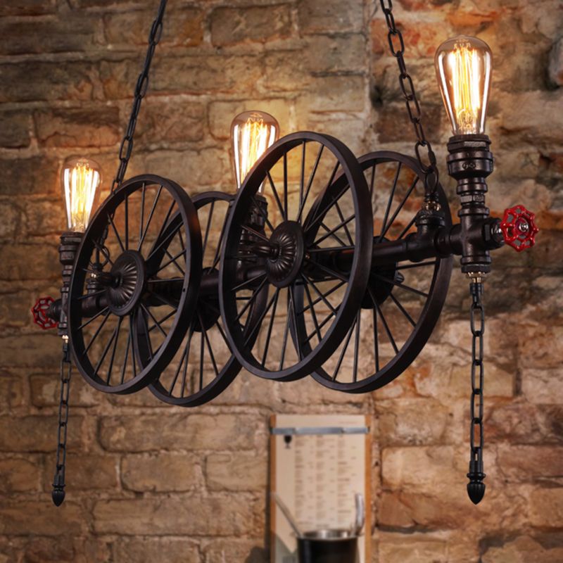 Wagon Wheel Metallic Pendant Light Antique 3 Heads Restaurant Hanging Island Light with Decorative Valve