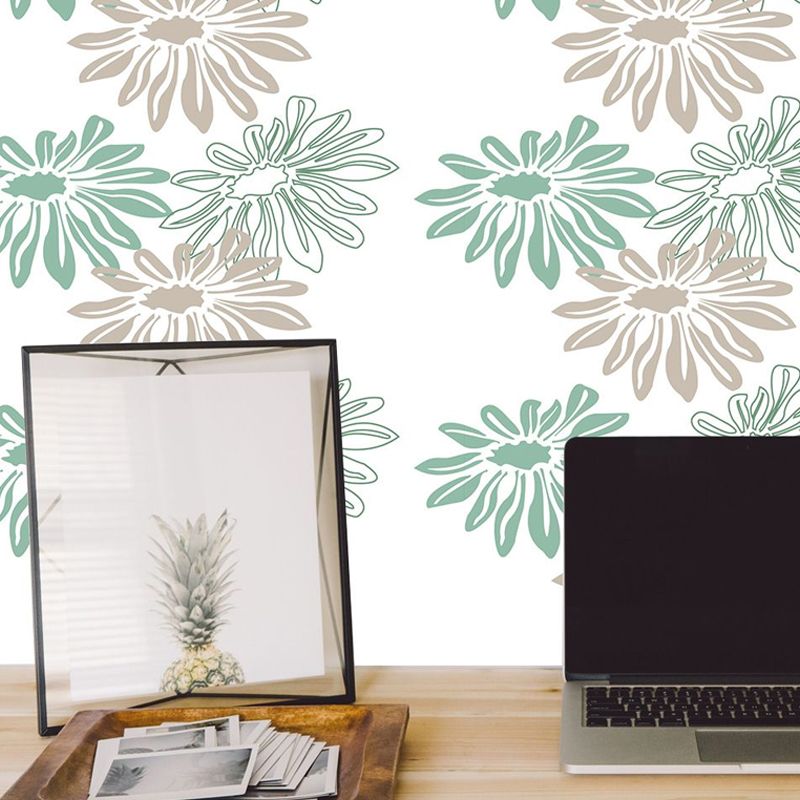 Rustic Daisy Flower Wallpaper Panels PVC Easy Peel off Green Wall Covering for Home