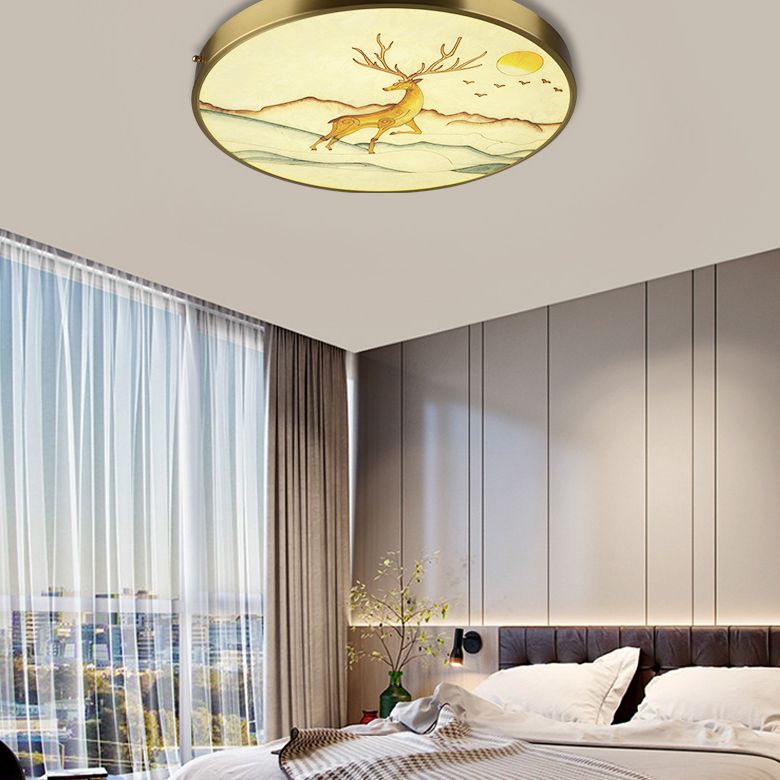 Hand-Paint Glass Round Flush Light Artistic Minimalist LED Ceiling Lighting for Bedroom