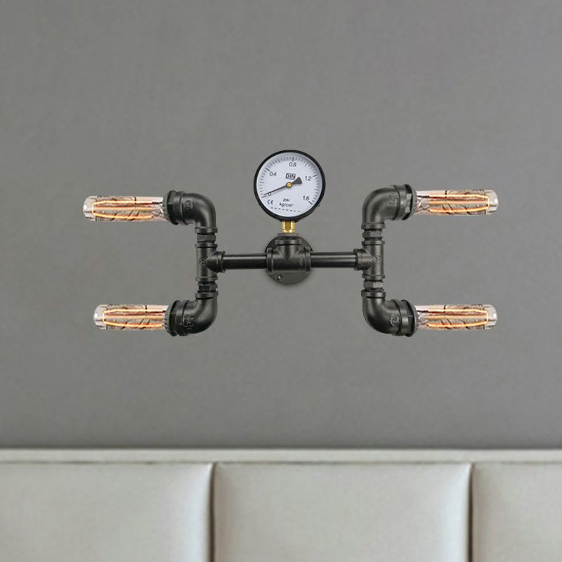 4-Bulb H-Shape Wall Light Sconce Farmhouse Black Iron Wall Mount Lamp with Gauge Deco
