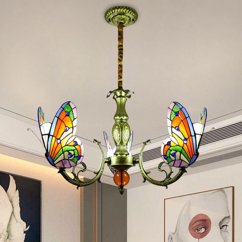 Butfly Taching Tloord Chandelier Lampe Tiffany 3/5 Bulbes Orange / Jaune et Green Suspension Lumière pour chambre à coucher